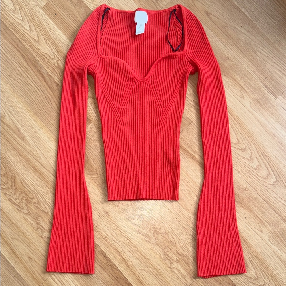 H&M Orange Ribbed Long Sleeve Top Bodycon Size Small